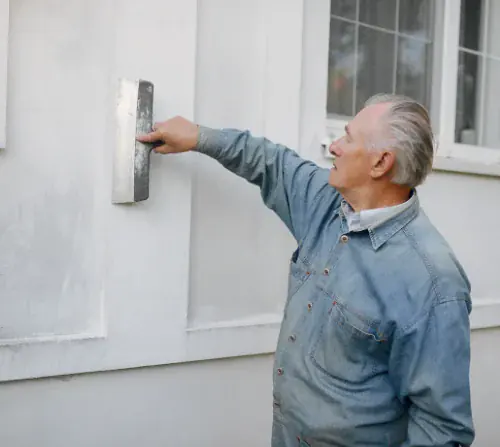 Artisan peintre appliquant un enduit de façade à la taloche sur un mur extérieur
